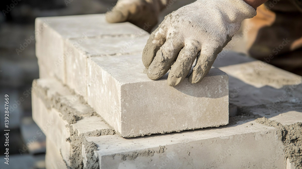 Poster worker in gloves laying bricks during construction process generative ai
