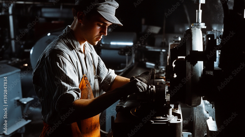 Poster Factory worker operates machinery with focus and precision Generative AI