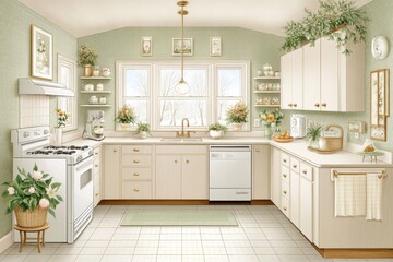 Fototapeta premium A soft watercolor painting of a cozy kitchen with vintage decor and sunlit windows