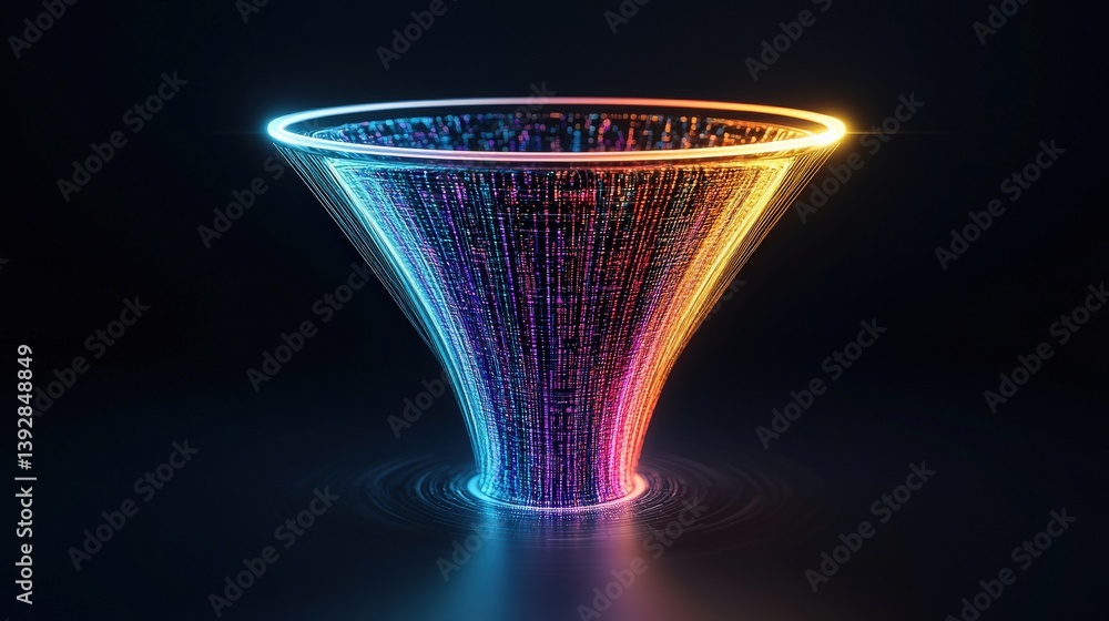 Poster a colorful, glowing funnel shape composed of digital data streams against a dark background, evoking