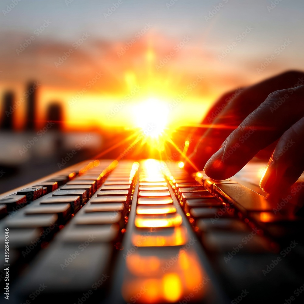 Poster coding at sunset: illuminated keyboard with cityscape silhouette and a blazing sky