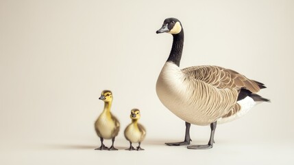 Adult canada goose with two goslings in minimalist setting. Mother's Day, Mothering Sunday, Dia de la Madre - Global Maternal Celebration, Worldwide Family Holiday