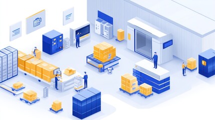 Obraz premium Isometric illustration of a warehouse with workers processing and packaging goods on a conveyor belt.