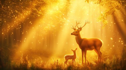 Majestic deer and fawn in enchanting sunlit forest. Mother's Day, Mothering Sunday, Dia de la Madre - Global Maternal Celebration, Worldwide Family Holiday