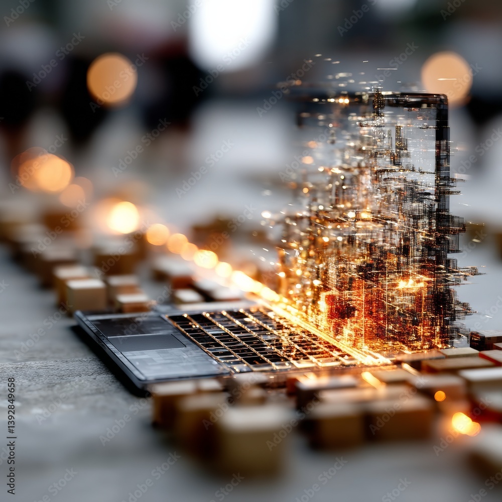 Poster conceptual digital transformation: laptop dissolving into abstract cityscape of data and light.