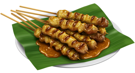 Chicken Satay Skewers Served with Peanut Sauce and Banana Leaf
