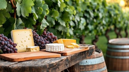 Picnic table setup Concept, Elegant Picnic Table Surrounded by Lush Vineyard with Wine Barrels and Delicious Cheeses and Grapes