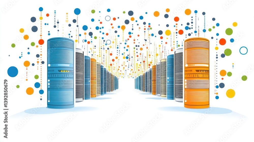 Poster data center servers and colorful data streams.