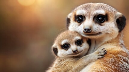 Fototapeta premium Meerkat mother and baby bonding in warm sunlight. Mother's Day, Mothering Sunday, Dia de la Madre - Global Maternal Celebration, Worldwide Family Holiday