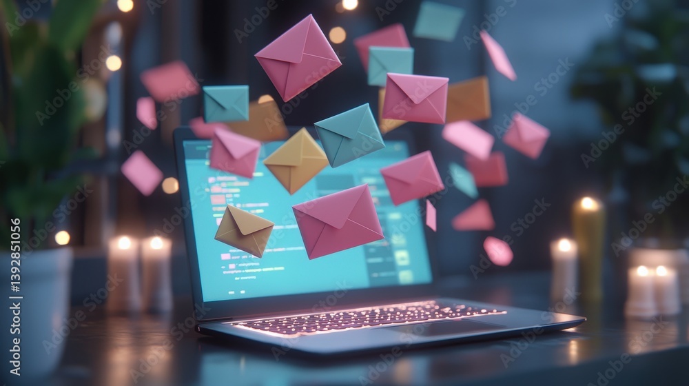 Poster a laptop displays colorful envelopes floating above it, symbolizing digital communication and email 