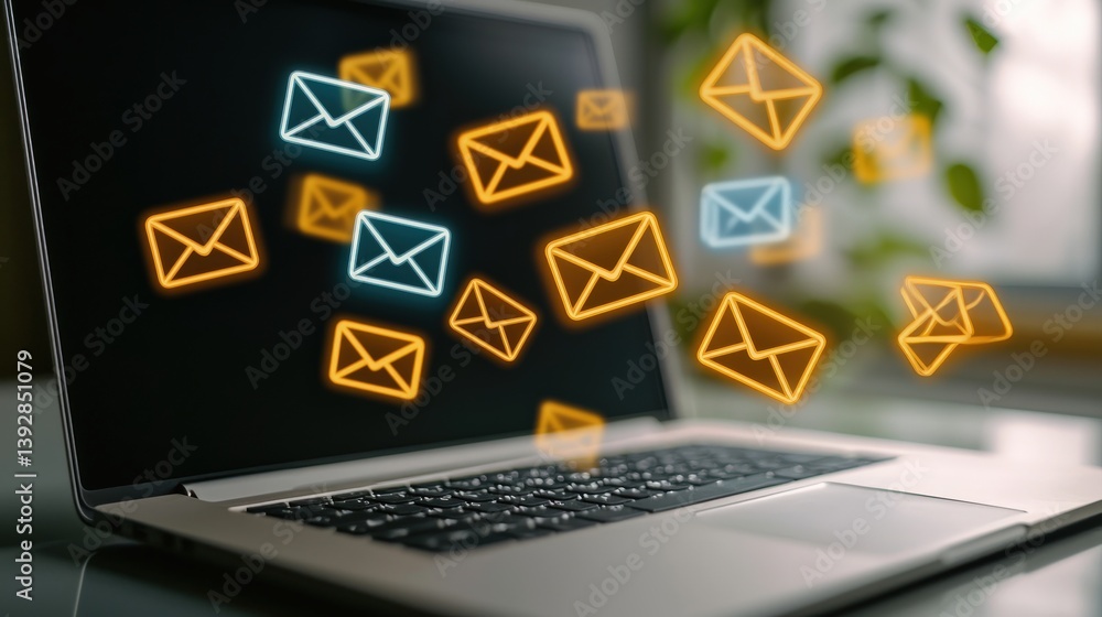 Poster a laptop displays animated email icons, symbolizing digital communication and the influx of messages