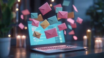 A laptop displays colorful envelopes floating above it, symbolizing digital communication and email notifications in a cozy, illuminated setting.