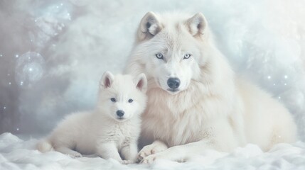 Obraz premium Majestic white wolves in winter snowy landscape with pup and adult. Mother's Day, Mothering Sunday, Dia de la Madre - Global Maternal Celebration, Worldwide Family Holiday