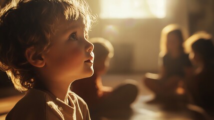Child Looking Upward with Friends in Warm Sunlight Background