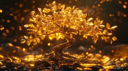 A depiction of a feng shui money tree with golden leaves shimmering under a soft glow