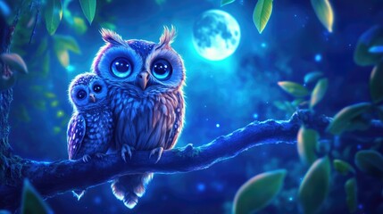 Enchanting night owls on a moonlit branch with glowing eyes in a mystical forest. Mother's Day, Mothering Sunday, Dia de la Madre - Global Maternal Celebration, Worldwide Family Holiday