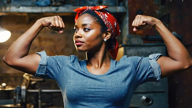 Feminist symbol. Woman wearing a red scarf and showing off her muscles.