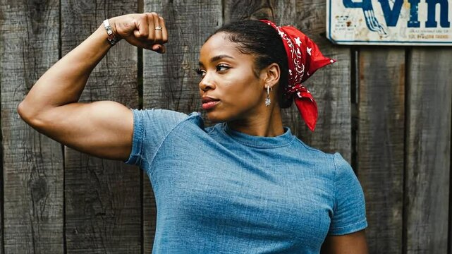 Feminist symbol. Woman wearing a red scarf and showing off her muscles.