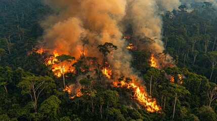 Fototapeta premium Aerial view of a forest fire with thick smoke rising above burning trees, highlighting the devastation to the landscape and environment.