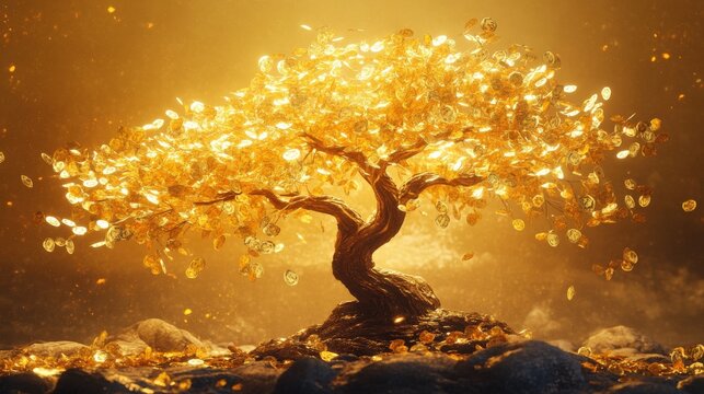 A depiction of a feng shui money tree with golden leaves shimmering under a soft glow