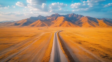 Aerial view of a long road through a vast, golden desert landscape leading towards majestic mountains under a vibrant sunset sky.