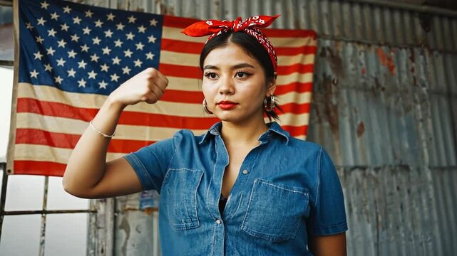 Feminist symbol. Woman wearing a red scarf and showing off her muscles.