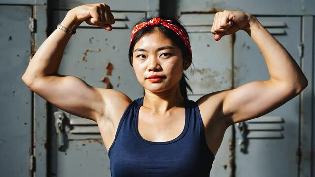 Feminist symbol. Woman wearing a red scarf and showing off her muscles.