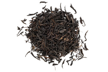 Close-up of a pile of black tea leaves. Isolation on transparent background.