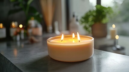 Three-wick candle burning brightly on countertop.