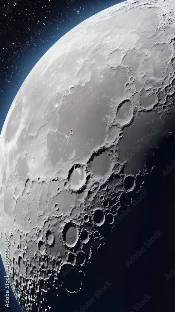 Poster close up view of the moon surface in outer space with crater details and glowing edge in the dark st