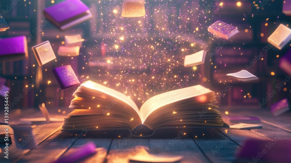 Poster enchanted open book with floating pages and magical glow in mystical library