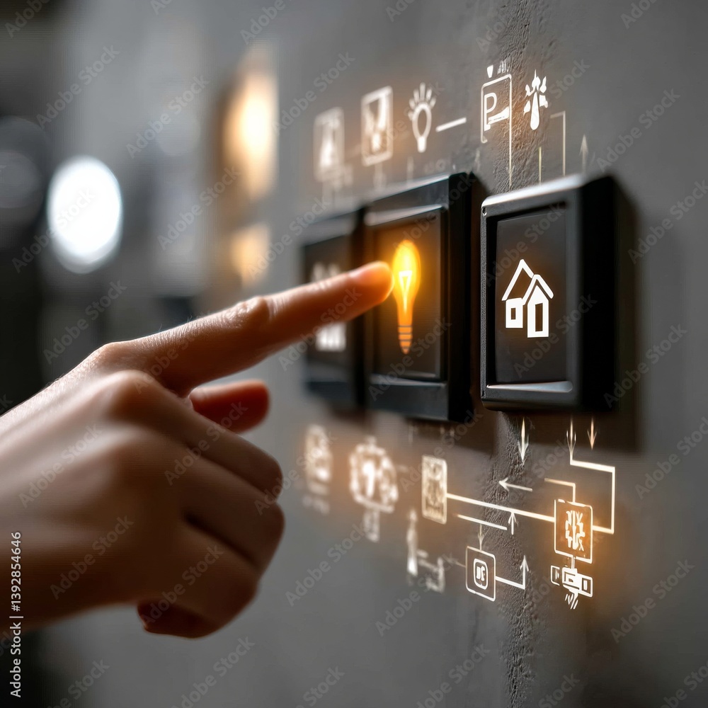 Aufkleber smart home automation: finger activating lightbulb button on a modern control panel system