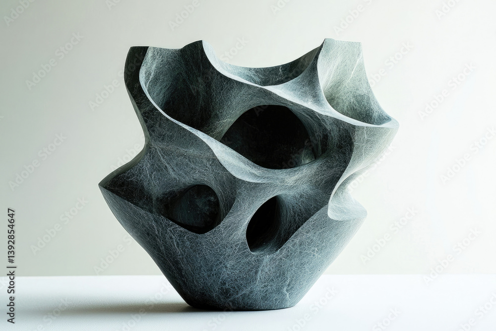 Poster abstract stone sculpture with organic, flowing forms and dark openings, showcased on a minimalist wh
