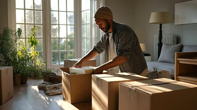 1_Homeowner Packing Moving Boxes in Living Room During Market Crash