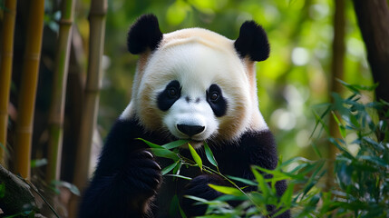 Fototapeta premium Giant panda happily munches on bamboo. The serene expression in its eyes and the lush green forest create a peaceful and heartwarming scene.