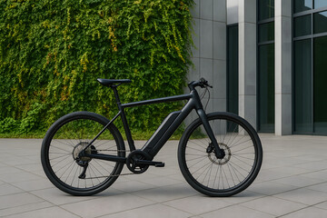 Fototapeta premium Modernes schwarzes E-Bike vor urbaner Architektur – umweltfreundliche Mobilität 