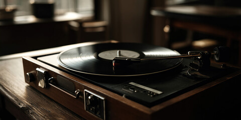 Vintage Record Player: Spinning Vinyl, Classic Audio, Retro Music Experience, Nostalgic Sound, Analog Technology and Warm Melodies for Audiophiles.
