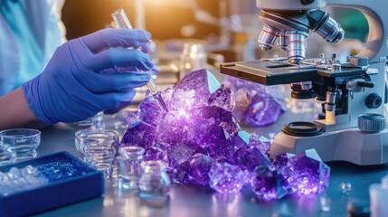 Gloved scientist examining large purple crystals with microscope in laboratory