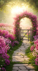 Naklejka premium Stone pathway is leading through a vibrant flower garden towards a wooden gate covered in pink flowers.
