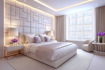 A stylish master bedroom with luxe decor, tufted headboard, and mood lighting