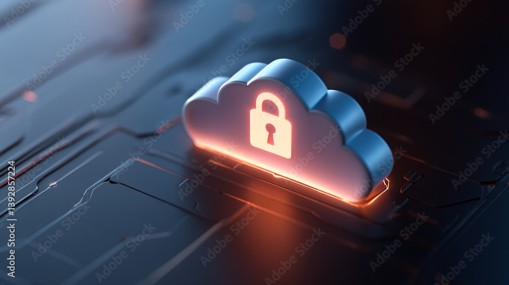 Poster a secure cloud computing concept with a padlock on a cloud over a circuit board background