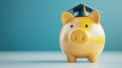 Yellow piggy bank with graduation cap against blue background for education savings concept
