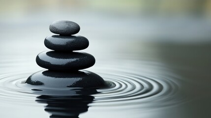 Obraz premium Stacked smooth grey stones on calm water, ripples.