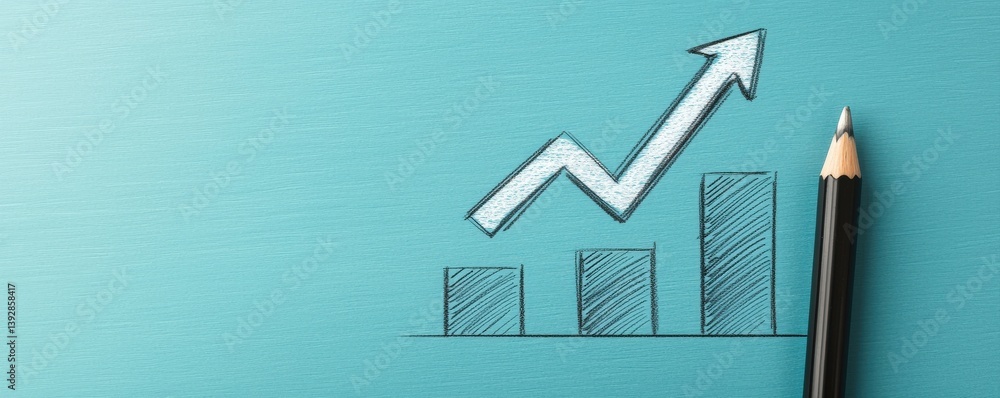 Poster a simple illustration of a rising graph with a pencil on a blue background, symbolizing progress and