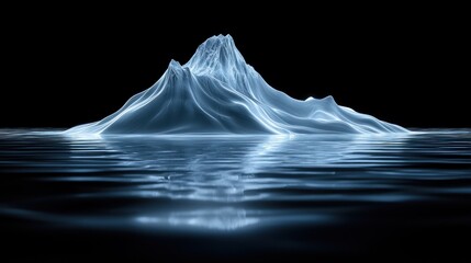 Glowing ice mountain reflecting in calm water.