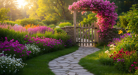 Stone pathway is leading through a vibrant flower garden towards a wooden gate covered in pink flowers.