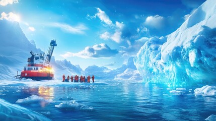 Arctic expedition with scientists in red jackets next to icebreaker and glaciers under clear blue sky