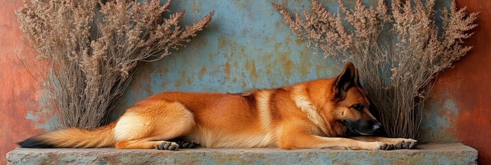 Relaxed German Shepherd on Rustic Shelf