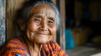 of an elderly villager with deep wrinkles and a warm smile sitting outside their home 