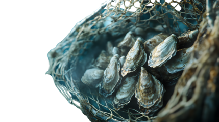Premium Quality Image of a Fishing Net Filled with Fresh Oysters, Ideal for Seafood Restaurants and Blogs
